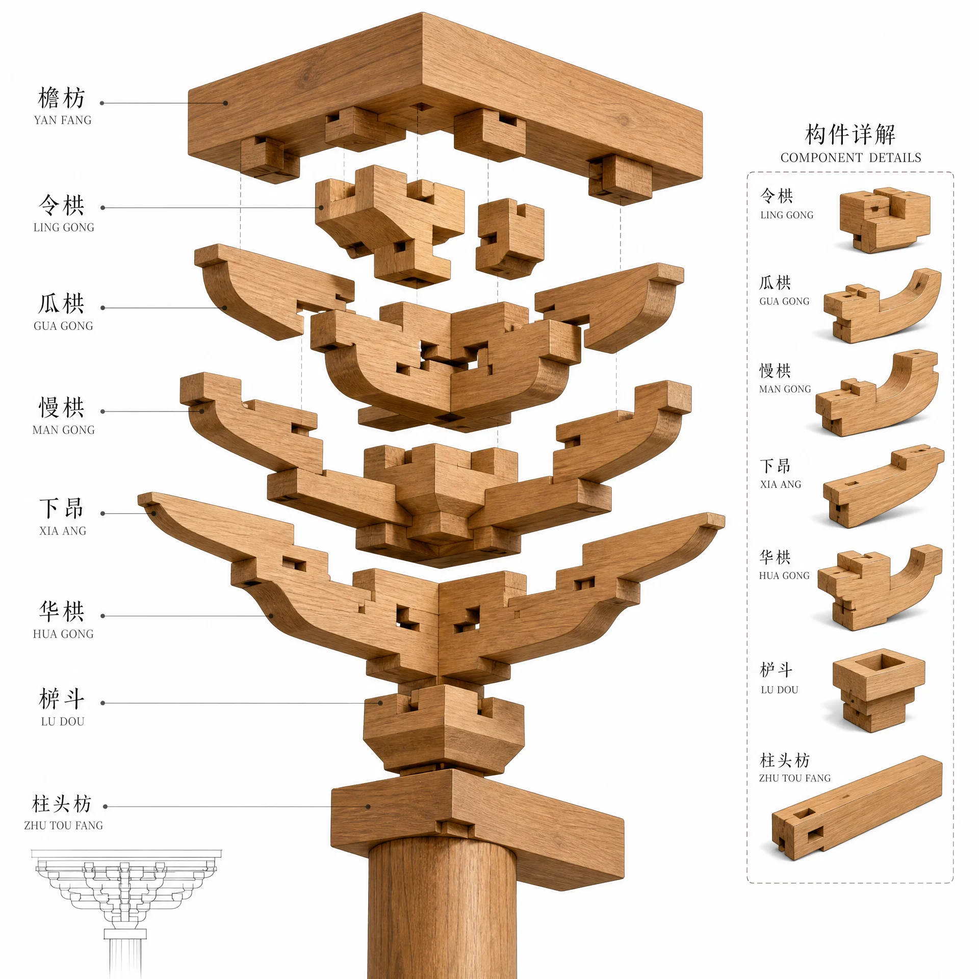 斗拱结构3D拆解示意图，​展示各‌层构件名称与组装关系