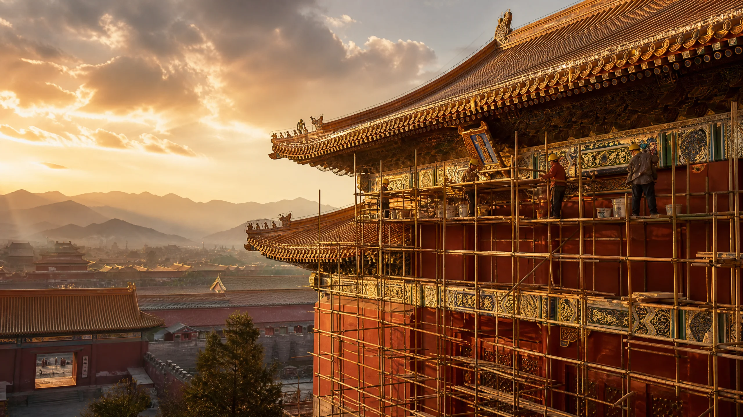 古建筑修复工程现场，工匠﻿在脚手架上精心修复传统彩画