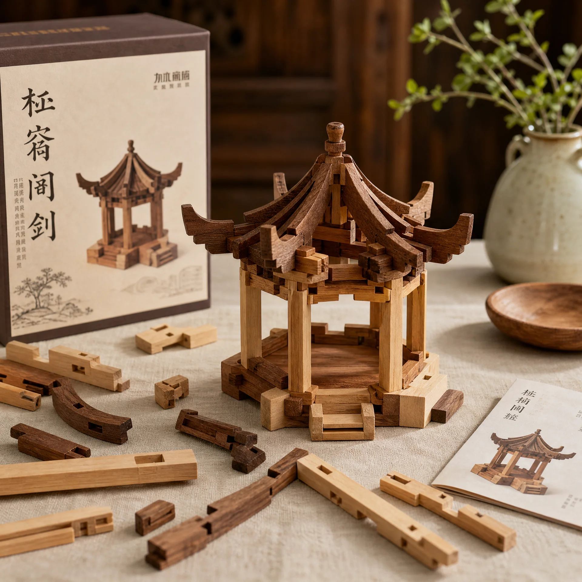榫卯积木六角亭﻿模型套装，展示精密的木构‌拼装